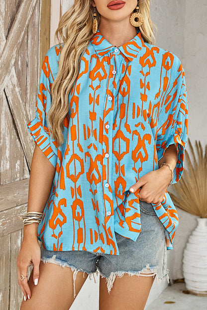 Sky Blue Abstract Print Dolman Short Sleeve Western Loose Shirt