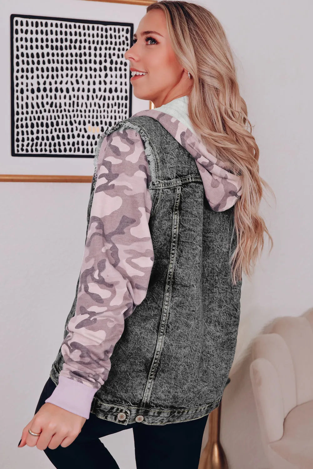 Black Camo Sleeve Hooded Buttoned Denim Jacket - Chic Meadow Boutique 