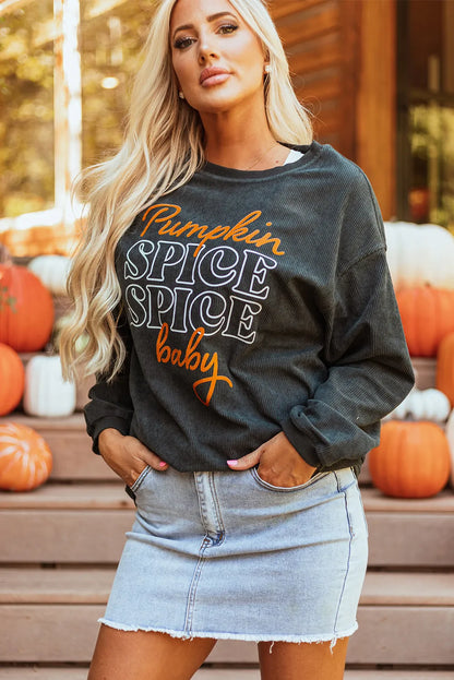 Dark Grey Halloween Pumpkin Spice Baby Graphic Textured Sweatshirt - Chic Meadow Boutique 