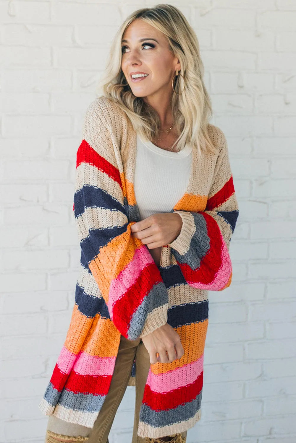 Stripes Knitted Balloon Sleeve Open Cardigan - Chic Meadow Boutique 