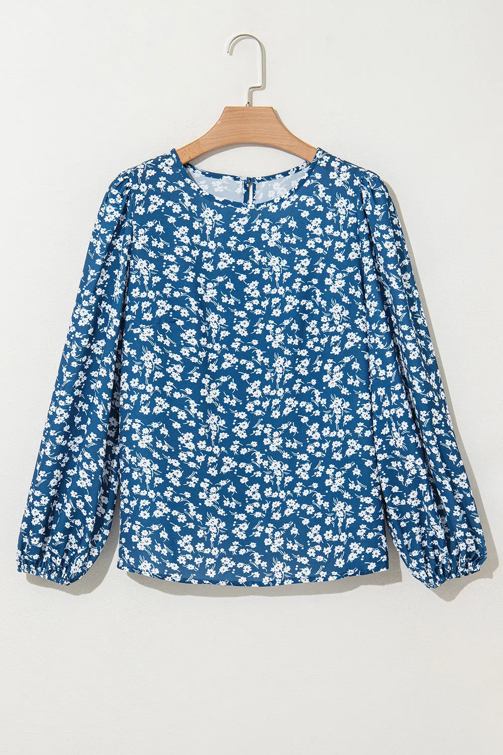 Blue Ditsy Floral Print Lantern Sleeve Blouse - Chic Meadow Boutique 