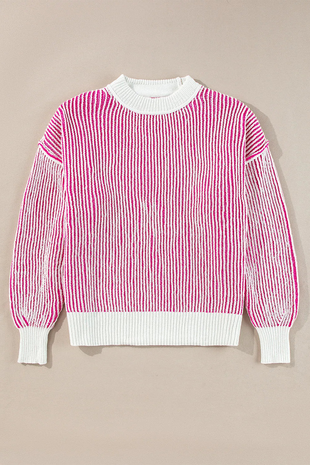 Bright Pink Striped Textured Knit Contrast Edge Loose Sweater - Chic Meadow Boutique 