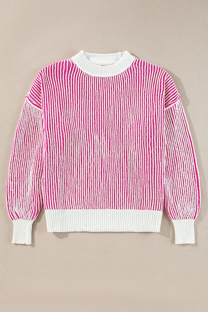 Bright Pink Striped Textured Knit Contrast Edge Loose Sweater - Chic Meadow Boutique 