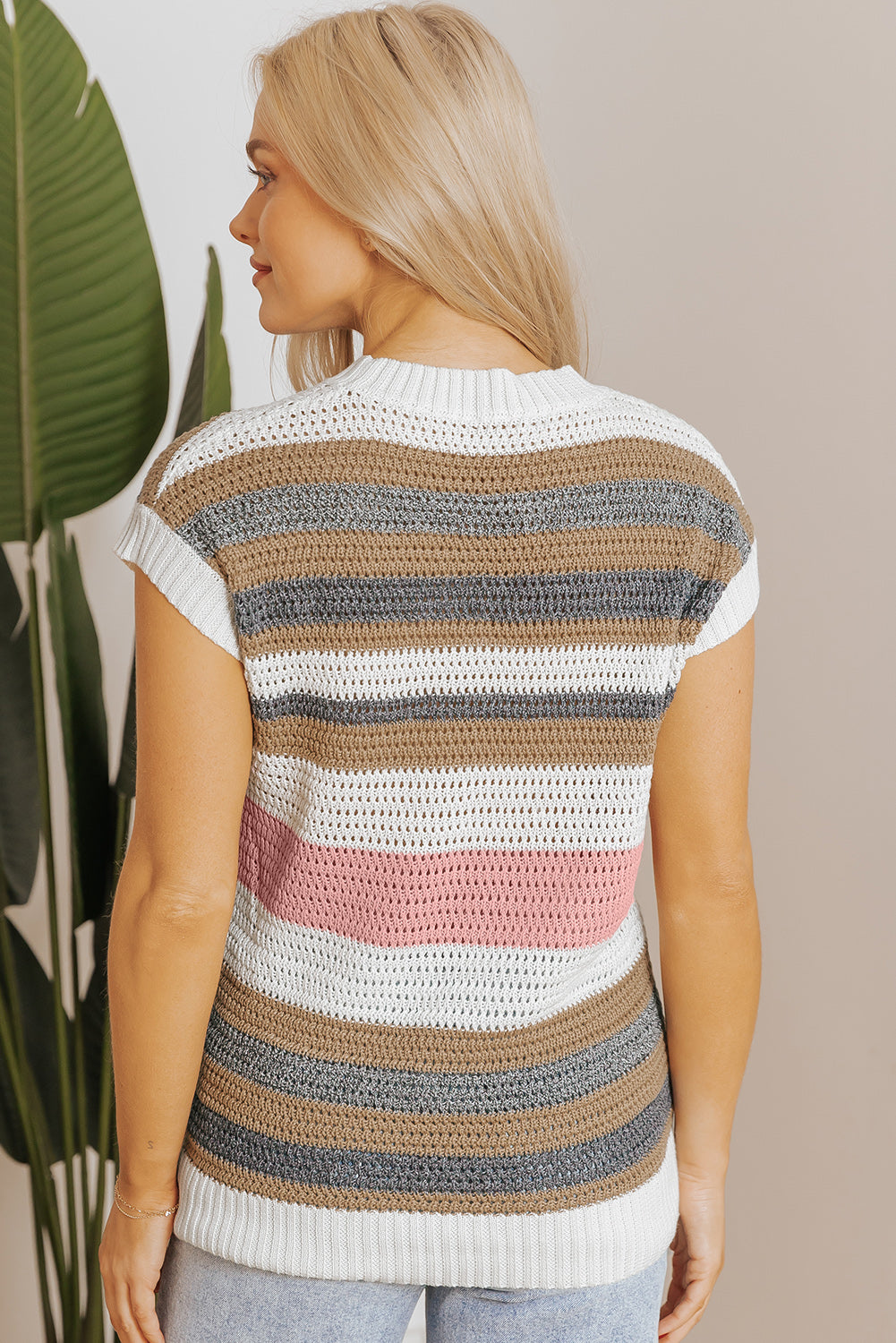 Pink Stripe Color Block Eyelet Knit Short Sleeve Sweater Tee