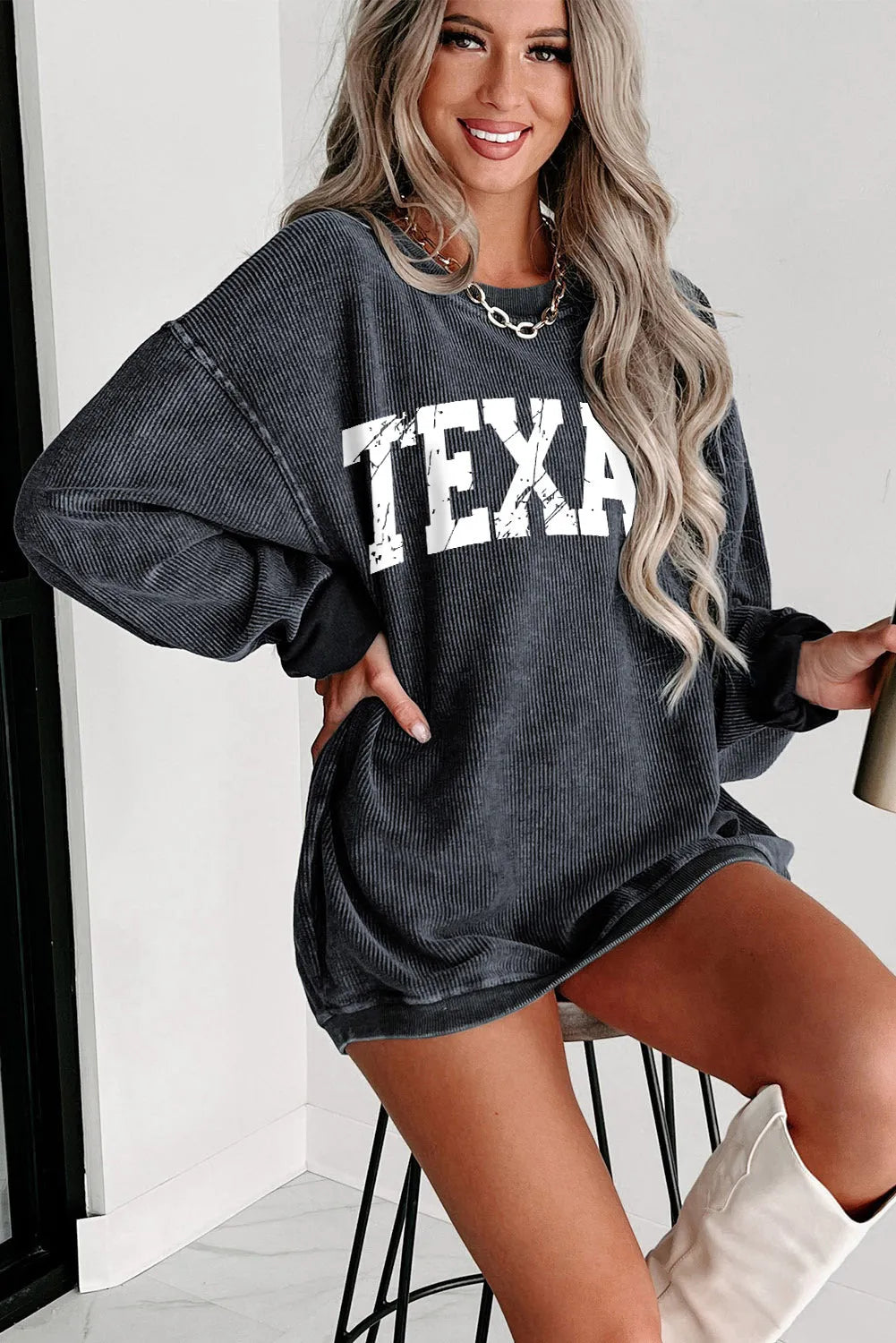 Gray TEXAS Graphic Corded Pullover Sweatshirt - Chic Meadow Boutique 