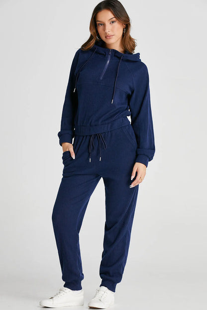 Navy Blue Ribbed Knit Cropped Hoodie and Drawstring Joggers Set - Chic Meadow Boutique 