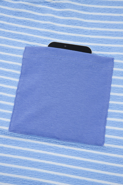 Sky Blue Stripe Crew Neck Tee Drawstring Waist Cropped Pants Set