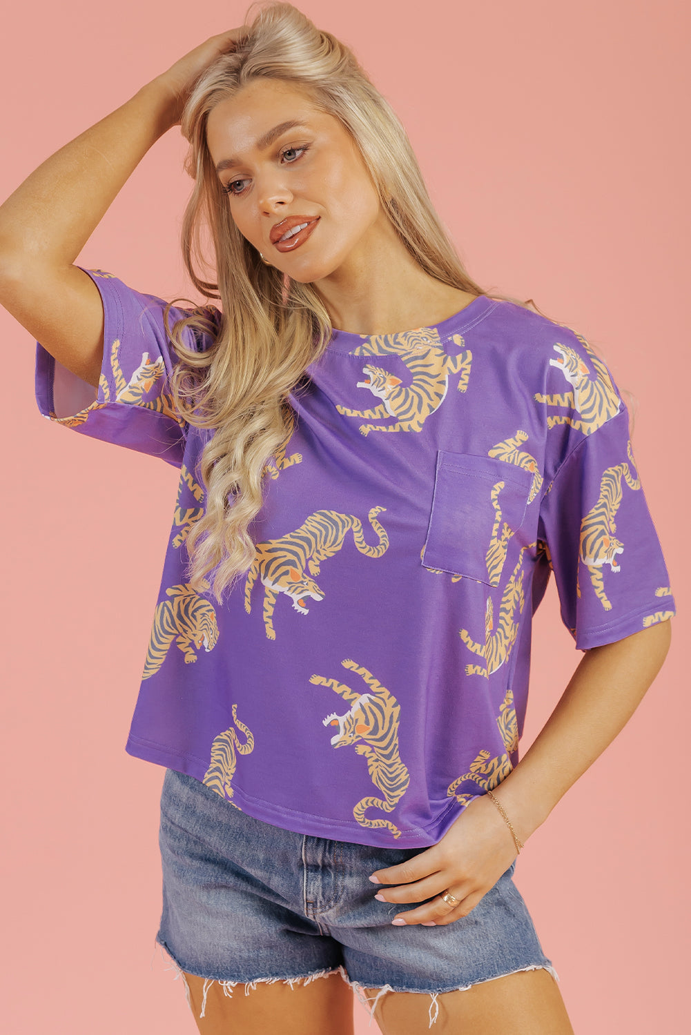 Purple Allover Tiger Printed Patch Pocket Loose T Shirt