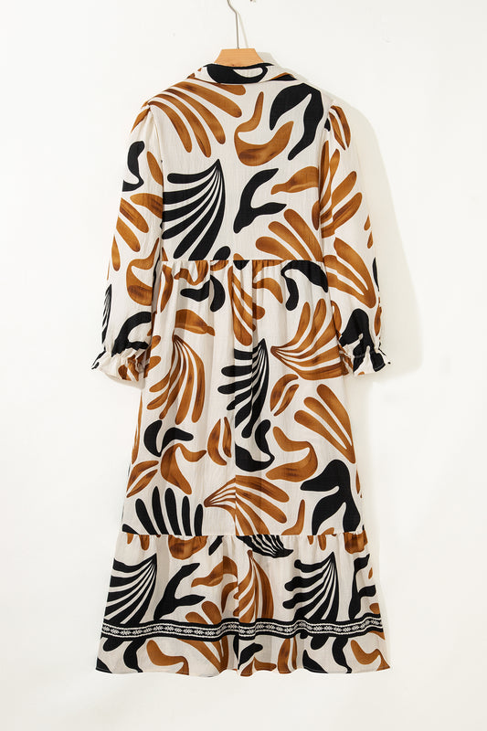 White Plus Size Abstract Print Contrast Collar Split Neck Shift Long Dress
