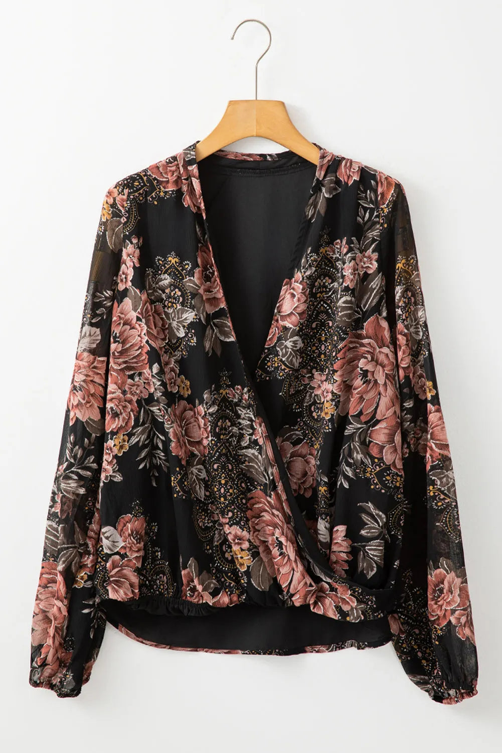 Black Floral Print Criss Cross V Neck Balloon Sleeve Blouse - Chic Meadow Boutique 