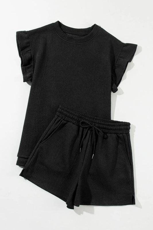 Black Textured Ruffle Split Top and Drawstring Shorts - Chic Meadow Boutique 