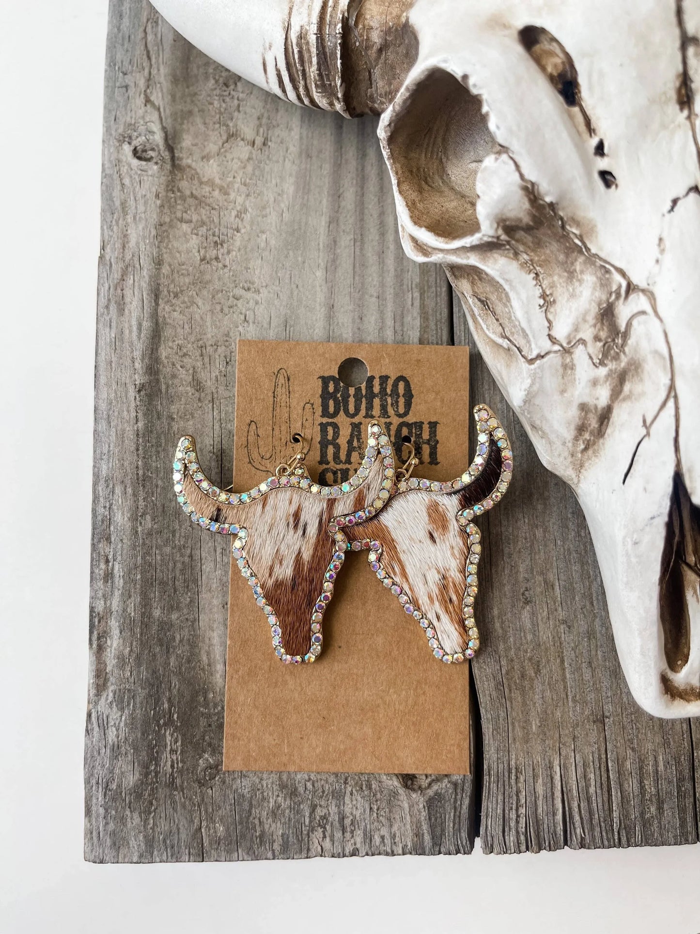 Western Cowhide Bling Steer Longhorn Earrings - Chic Meadow Boutique 