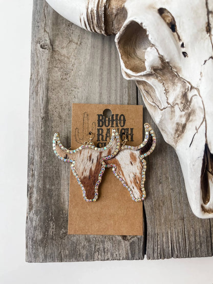 Western Cowhide Bling Steer Longhorn Earrings - Chic Meadow Boutique 