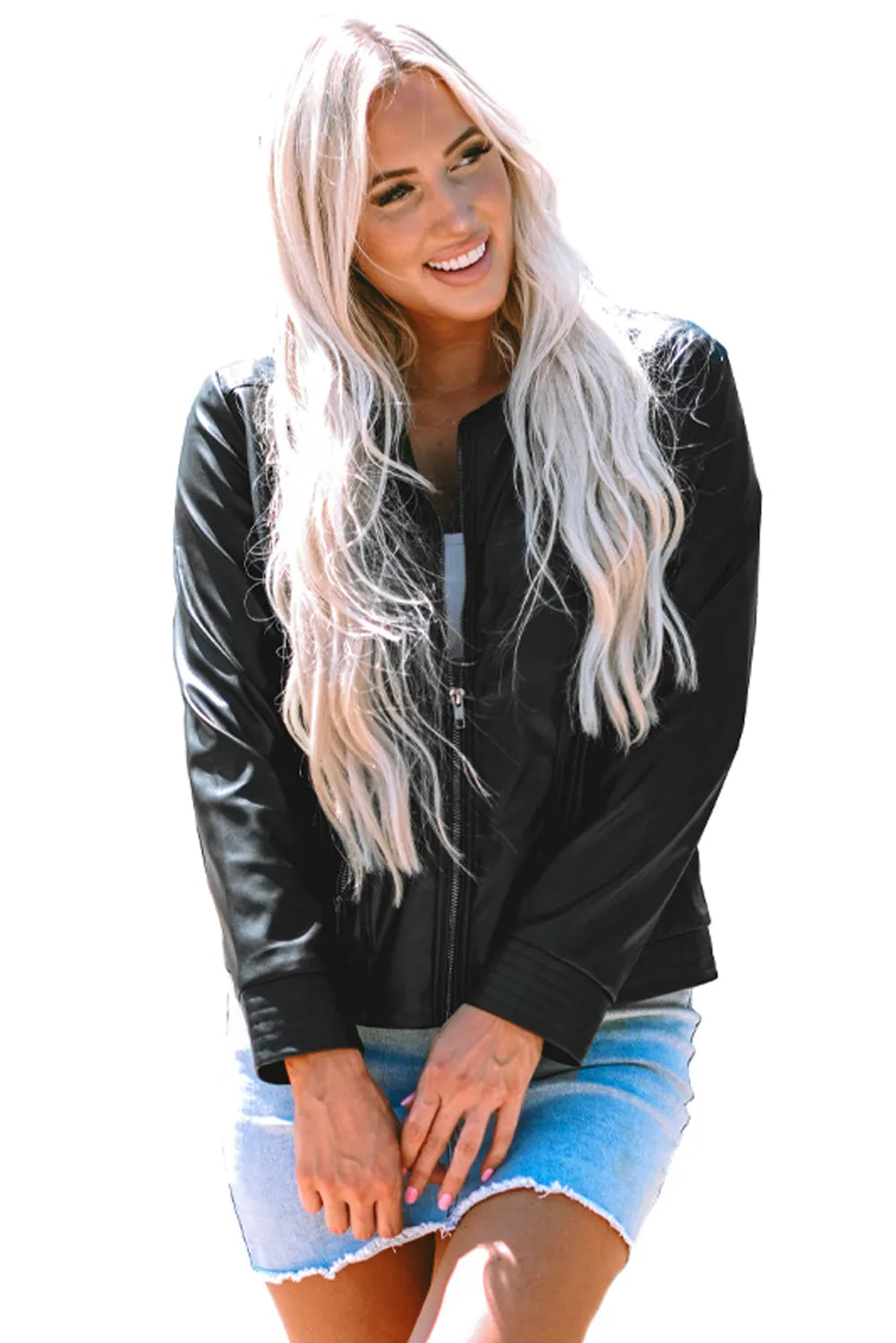 Black Solid Faux Leather Zipper Slim Fit Bomber Jacket - Chic Meadow Boutique 