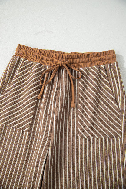 Khaki Stripe Crew Neck Tee Drawstring Waist Cropped Pants Set
