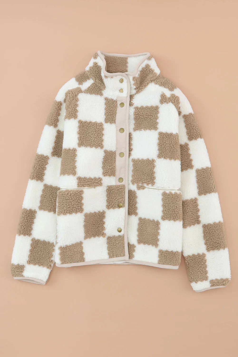 Brown Checked Snap Button Sherpa Jacket - Chic Meadow Boutique 