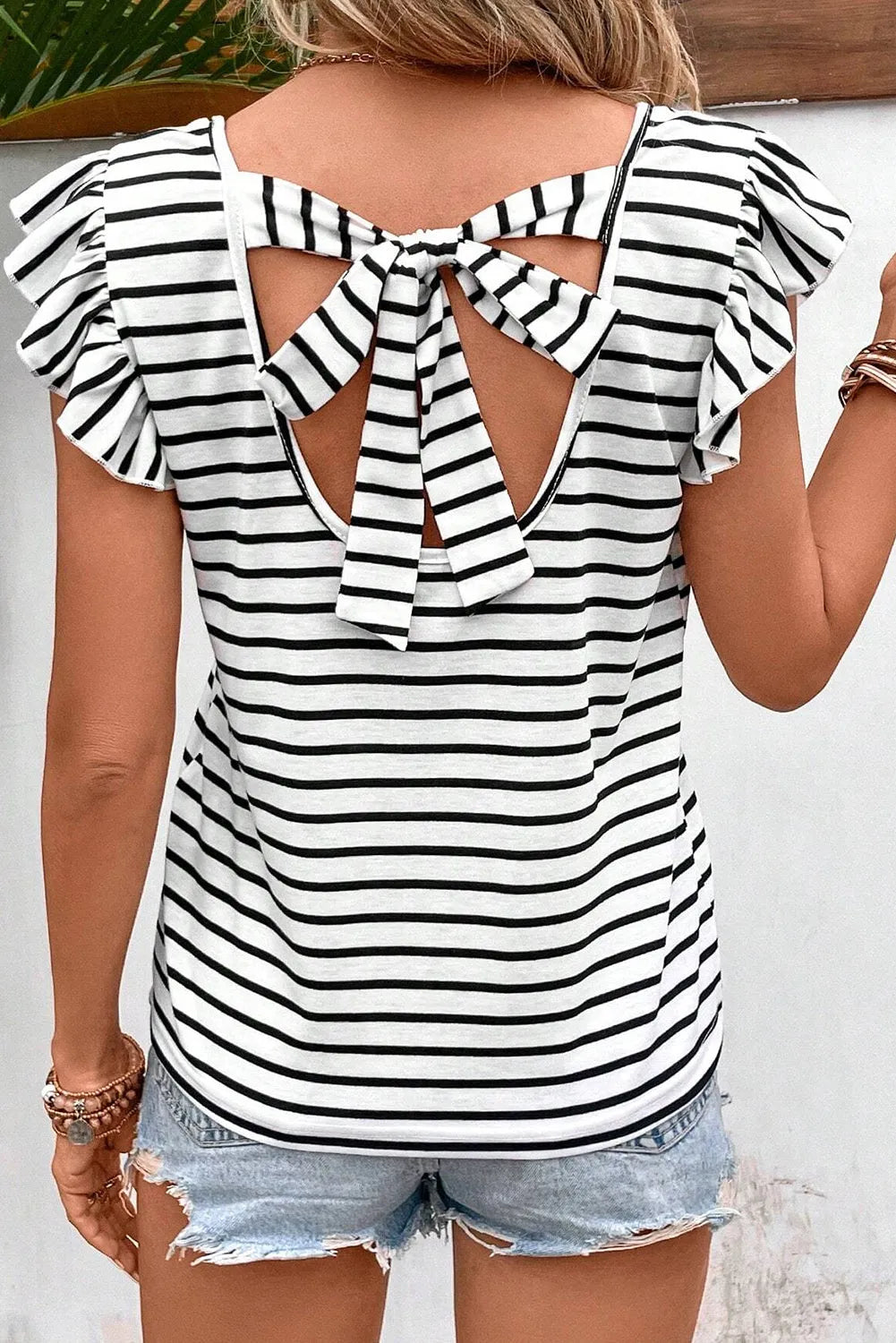 White Stripe Butterfly Sleeve V Neck Hollowed Knot Back T Shirt - Chic Meadow Boutique 