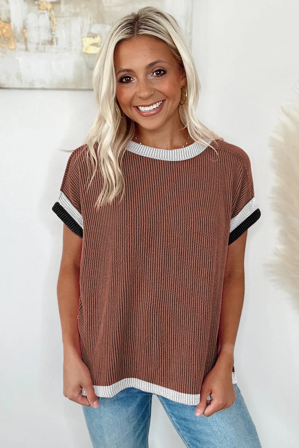 Coffee Textured Contrast Trim Round Neck T Shirt - Chic Meadow Boutique 