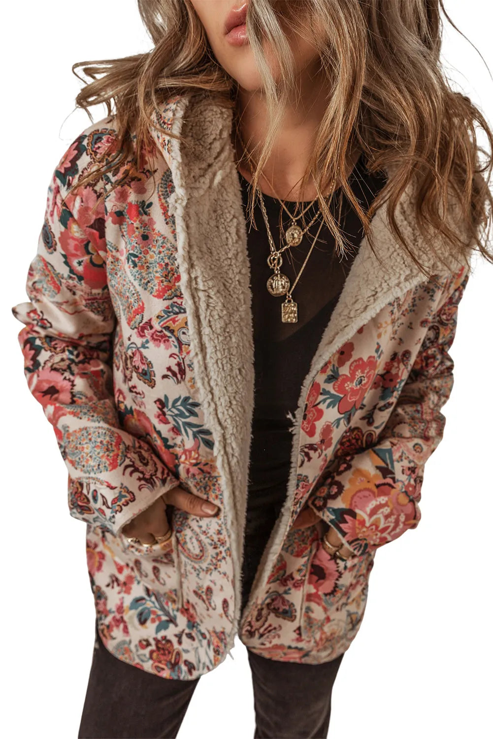 Beige Vintage Paisley Floral Printed Sherpa Lined Hooded Jacket - Chic Meadow Boutique 