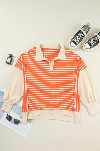 Orange Stripe Color Block Loose Fit Collared Drop Shoulder Sweatshirt - Chic Meadow Boutique 