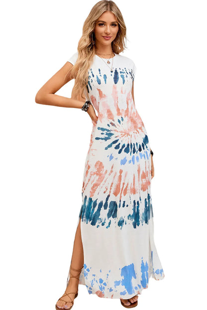 White Cap Sleeve Tie Dye Long Slit Dress - Chic Meadow Boutique 