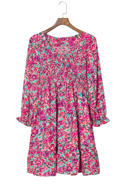 Purple Smocked V Neck Puffy Sleeve Floral Dress - Chic Meadow Boutique 