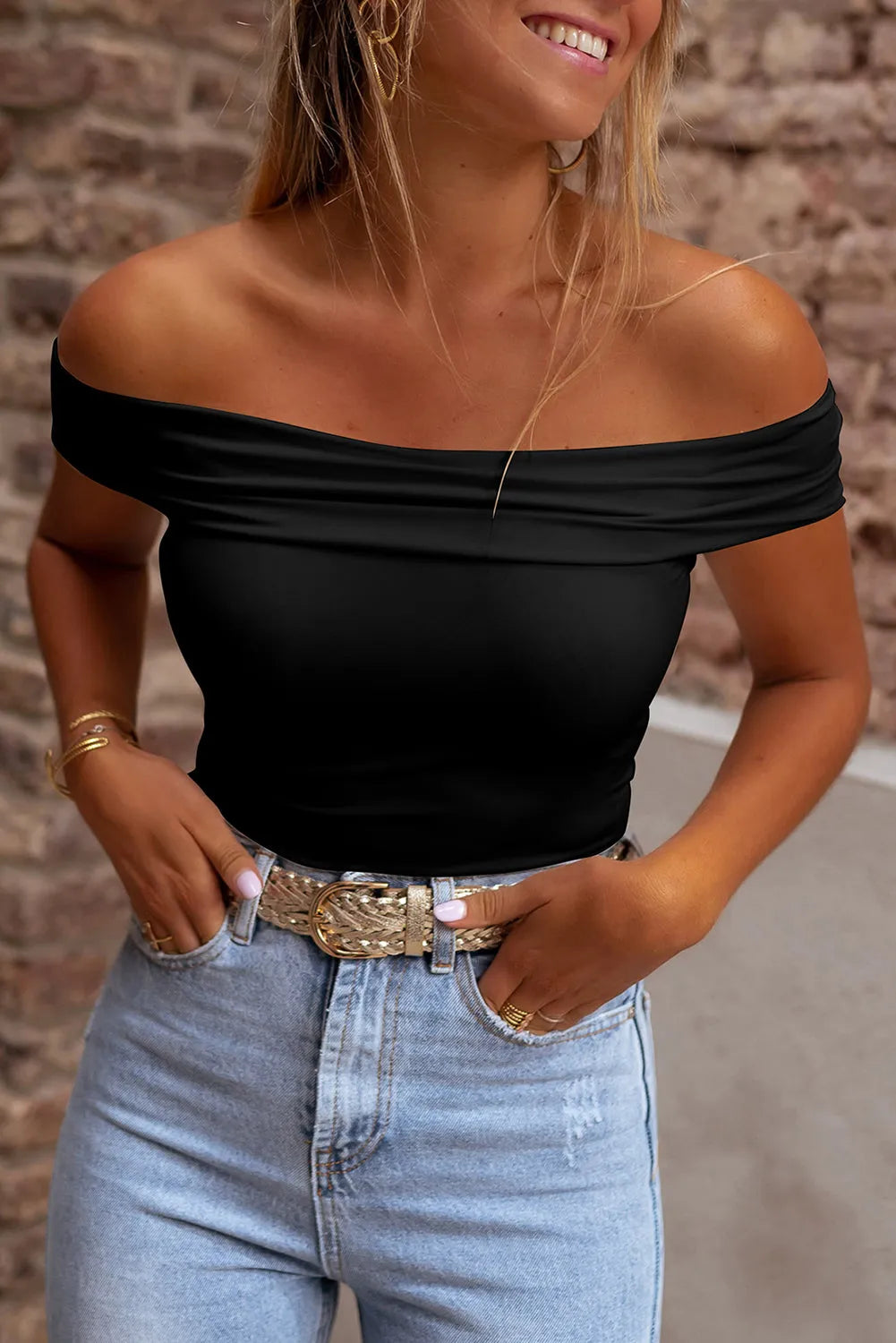 Black Folded Off Shoulder Slim Top - Chic Meadow Boutique 