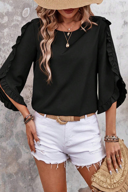 Black Ruffle Trimmed 3/4 Sleeve Round Neck Blouse