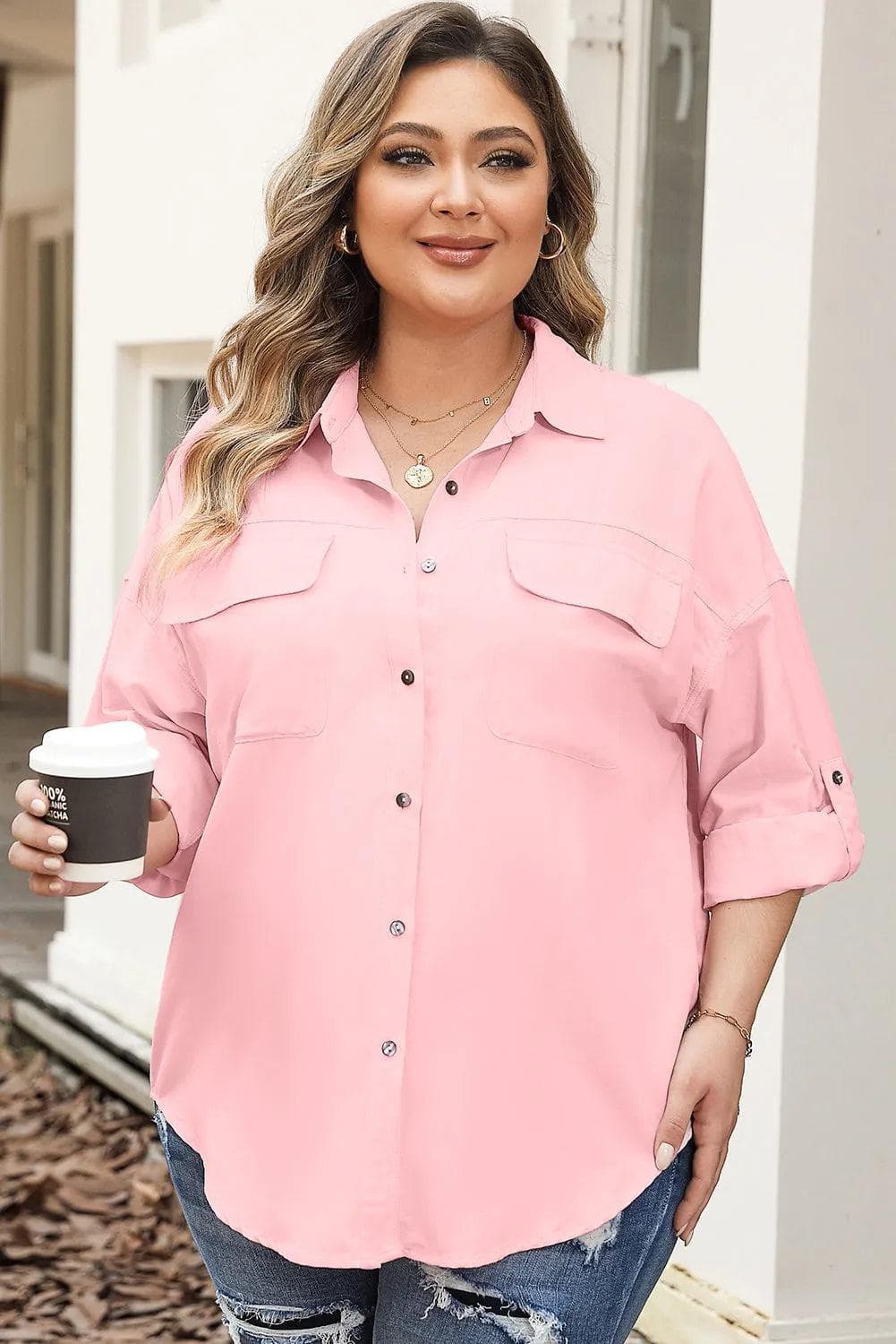 Plus Size/Plus Size Tops/Plus Size Blouses & Shirts Pink Flap Pocket Tab Sleeve Button-Down Plus Size Shirt