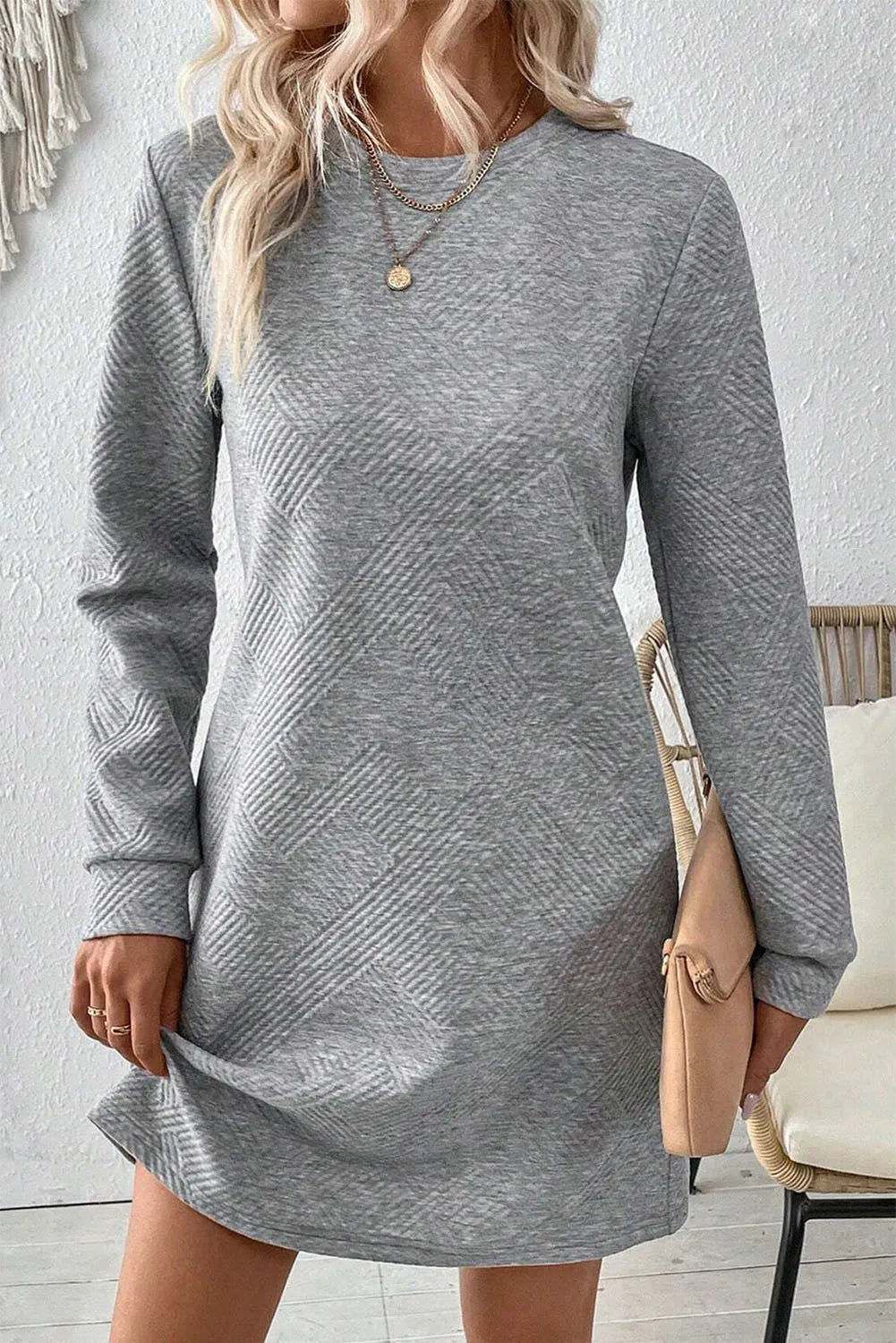 Gray Solid Color Textured Long Sleeve Shift Dress - Chic Meadow Boutique 