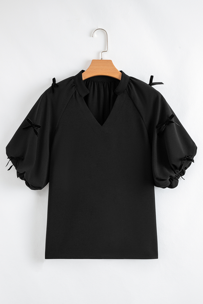 Black Bow Decor Puff Sleeve Split Neck Blouse