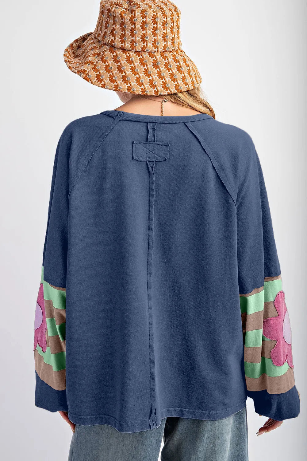 Sail Blue Flower Patchwork Raglan Sleeve Exposed Seam Oversized Top - Chic Meadow Boutique 