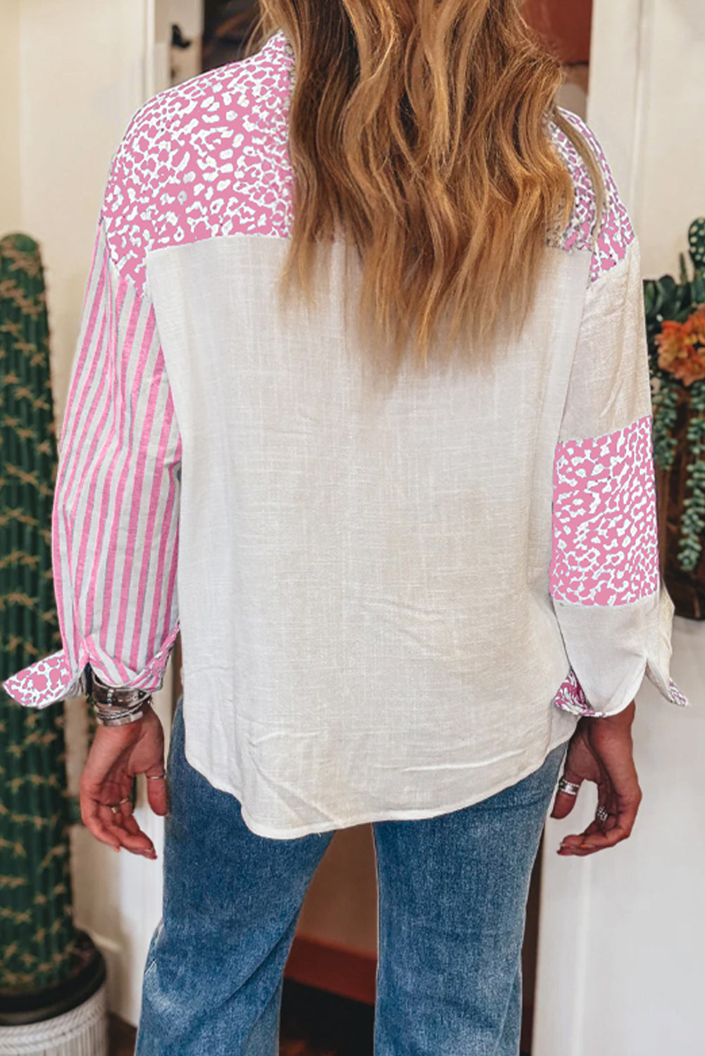 Pink Leopard Striped Western Casual Shirt