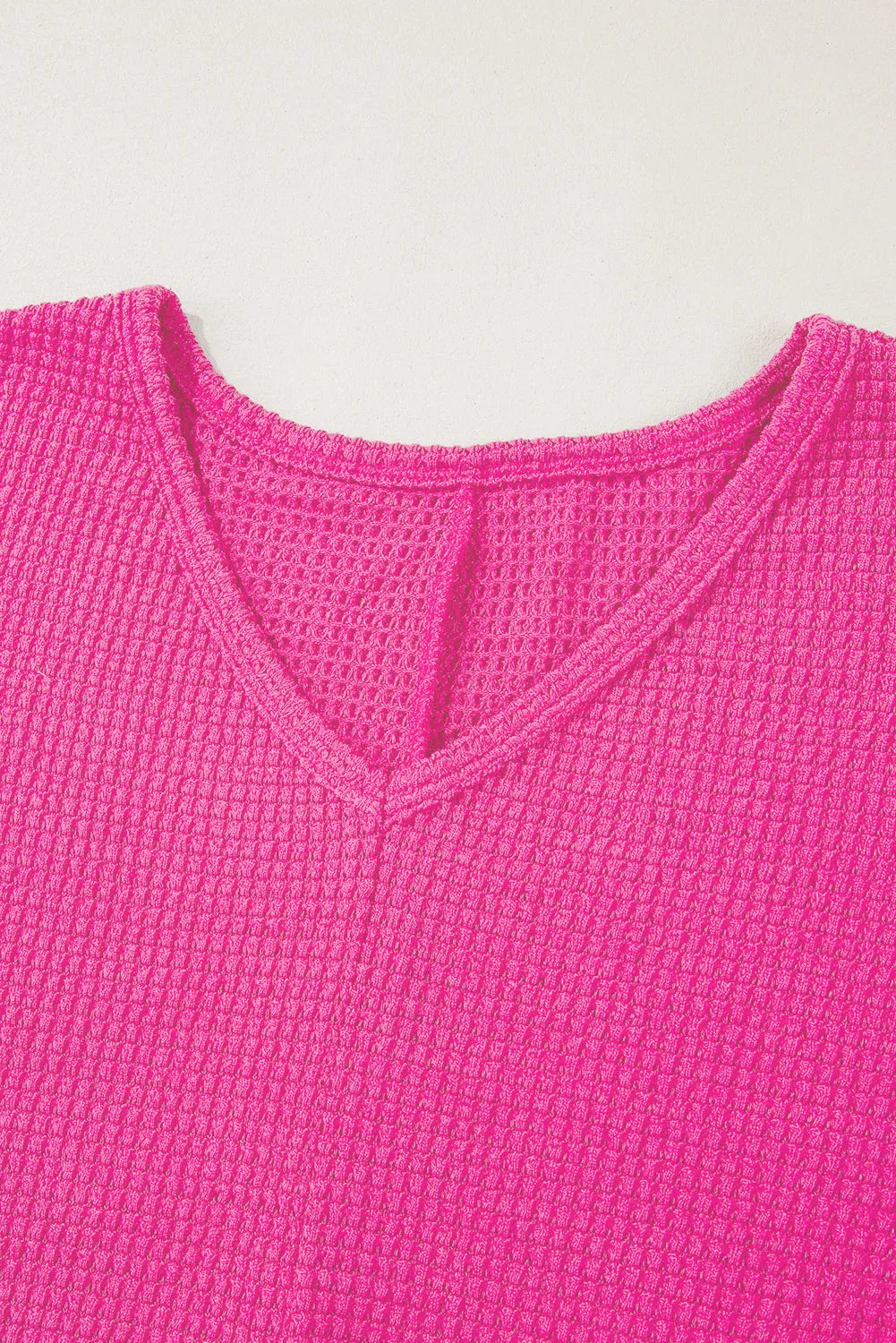 Rose Red Waffle Knit Side Slits Loose Fit V Neck Top - Chic Meadow Boutique 