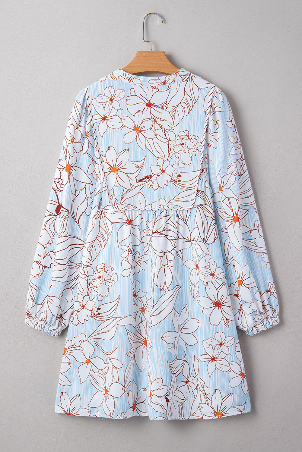 Brown Floral Print Tie Neck 3/4 Sleeve Mini Dress