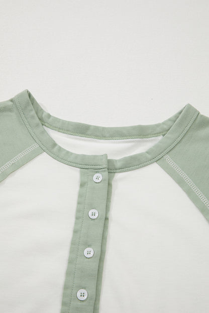 Clearly Aqua Colorblock Raglan Short Sleeve Half Buttons High Low T Shirt