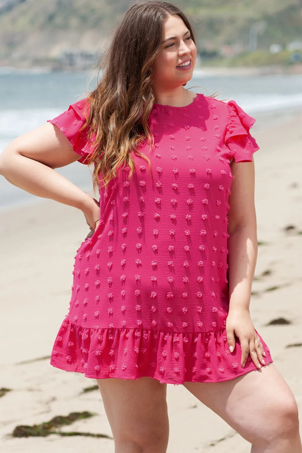 Strawberry Pink Plus Size Jacquard Short Ruffle Sleeve Mini Dress - Chic Meadow Boutique 