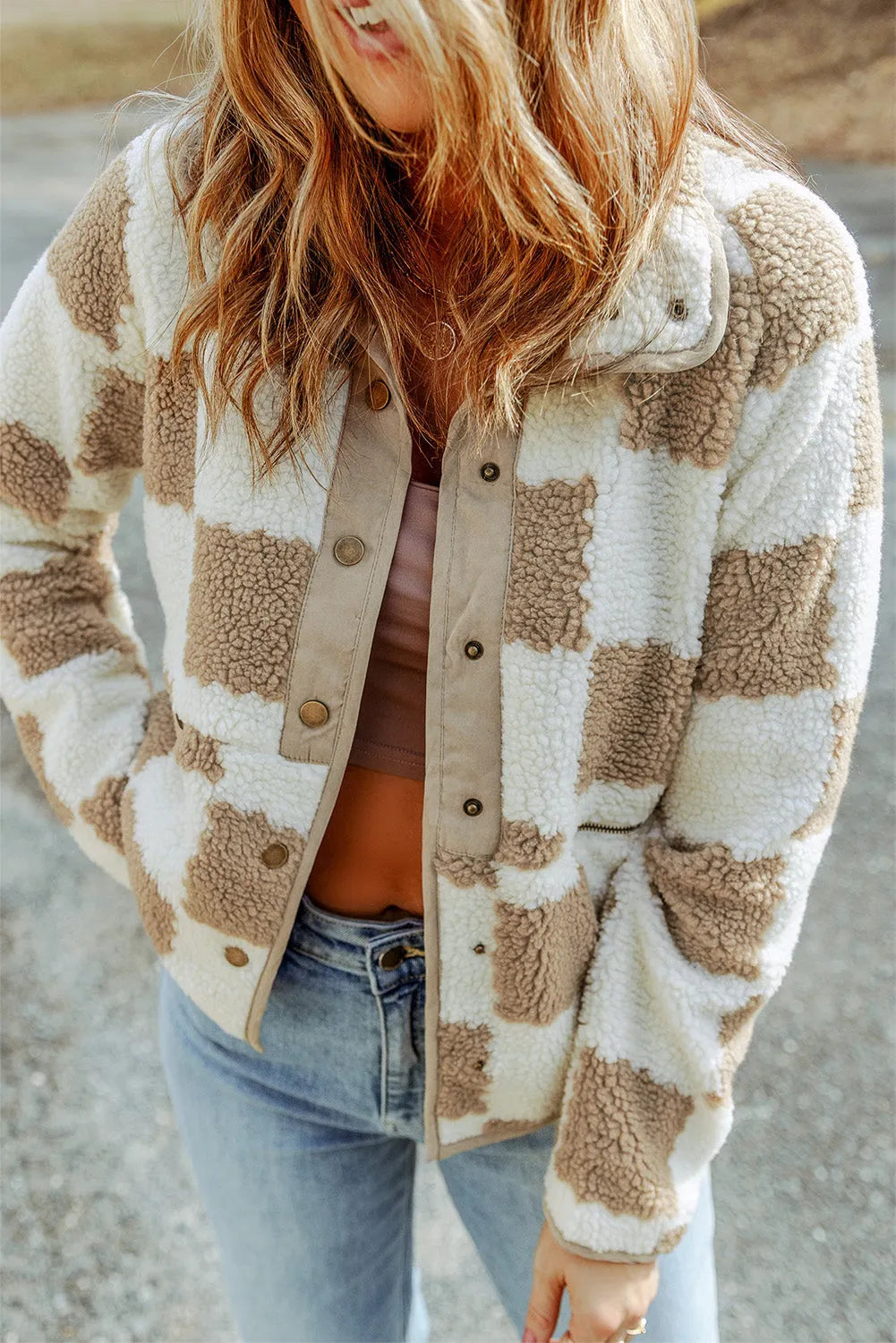 Brown Checked Snap Button Sherpa Jacket - Chic Meadow Boutique 