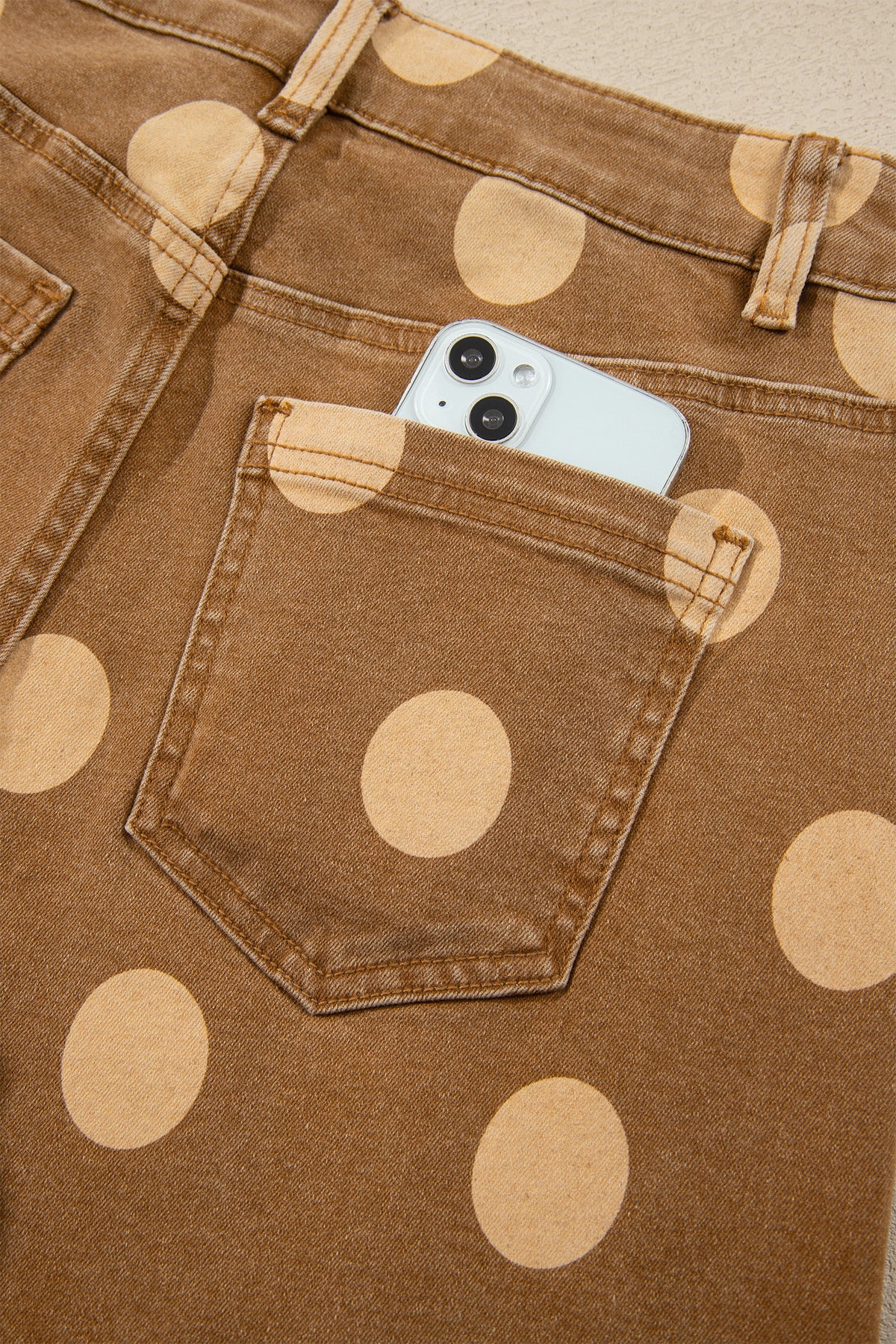Brown Polka Dot Ankle-Length Metal Button Casual Jeans
