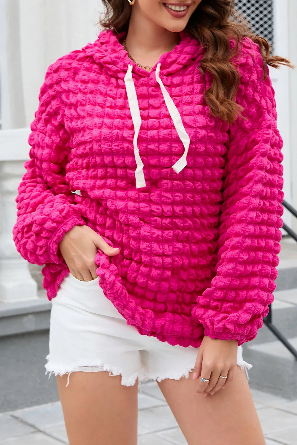 Rose Bubble Textured Waffle Hoodie - Chic Meadow Boutique 