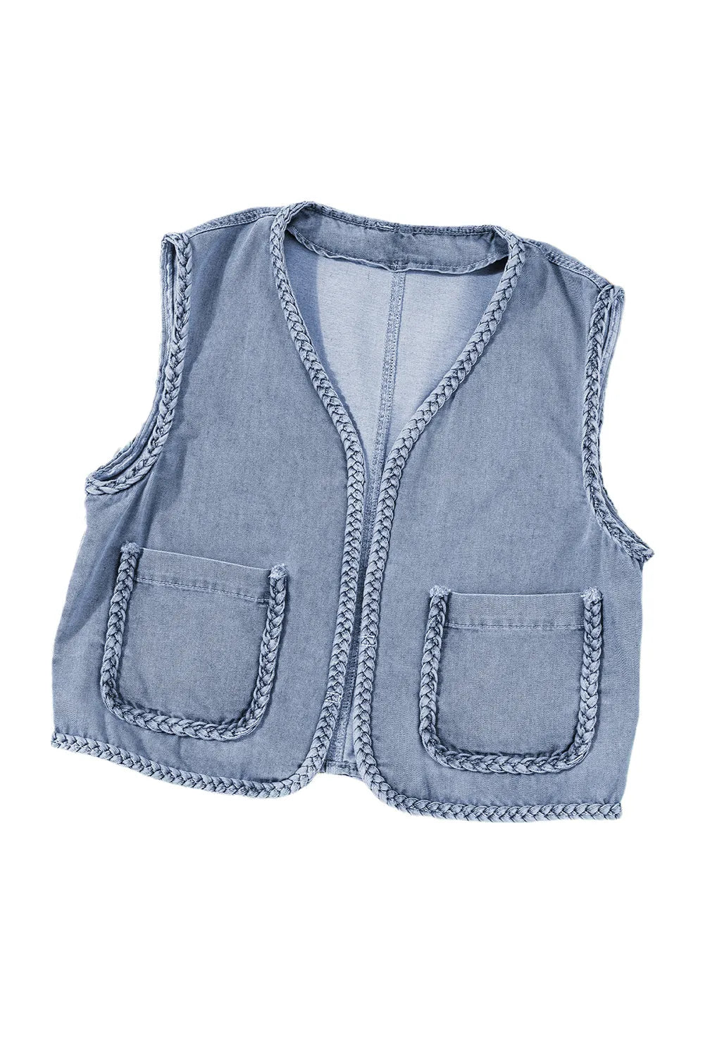 Ashleigh Blue Braided Trim Pocketed Denim Vest - Chic Meadow Boutique 