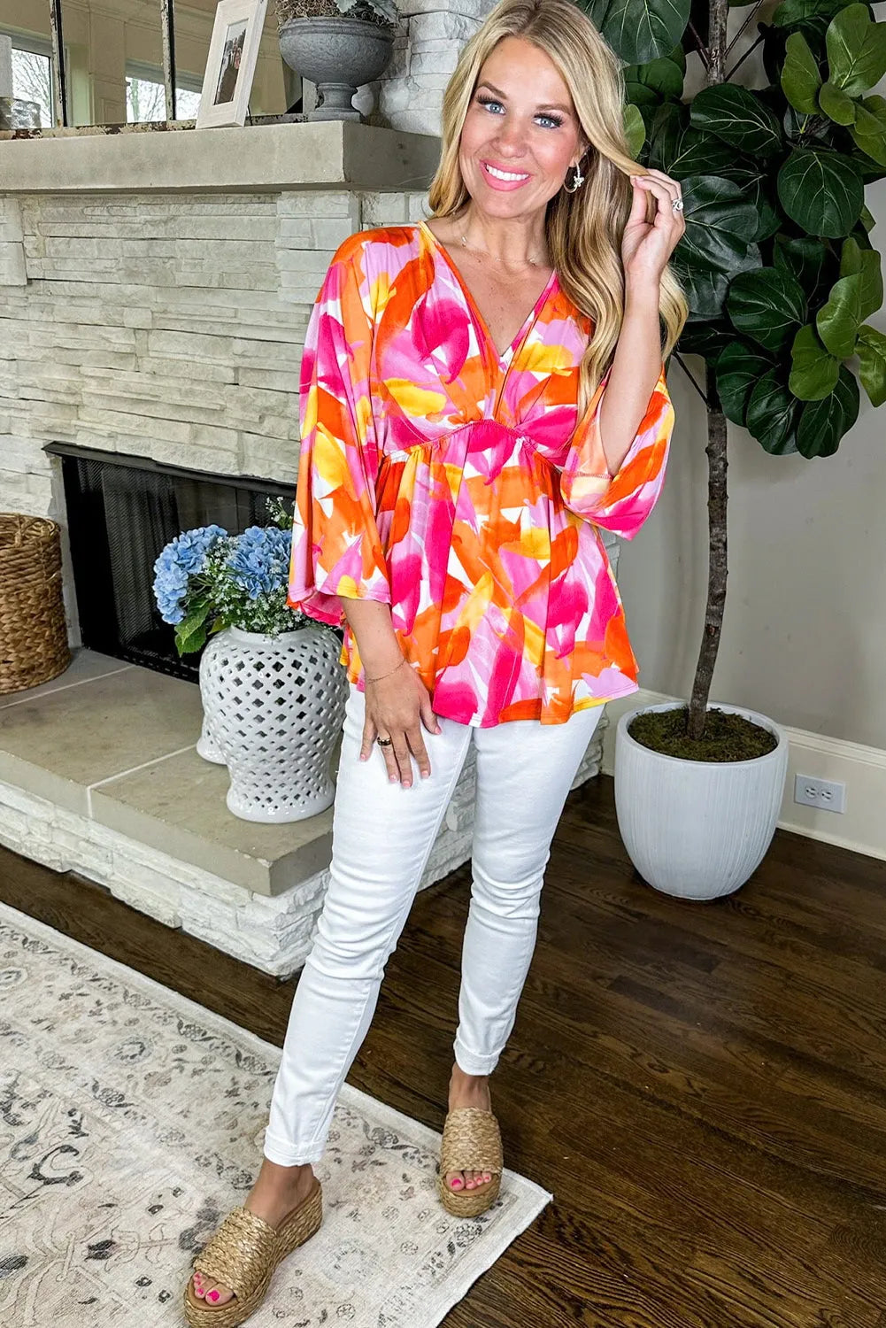 Orange Abstract Print 3/4 Sleeve V Neck Ruffled Babydoll Blouse - Chic Meadow Boutique 