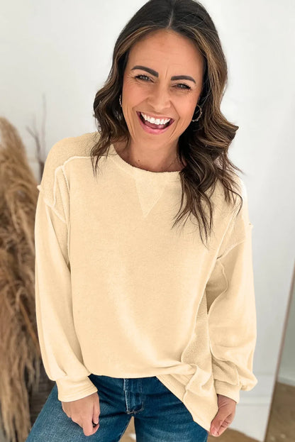 Beige Splicing Round Neck Pullover Sweatshirt - Chic Meadow Boutique 