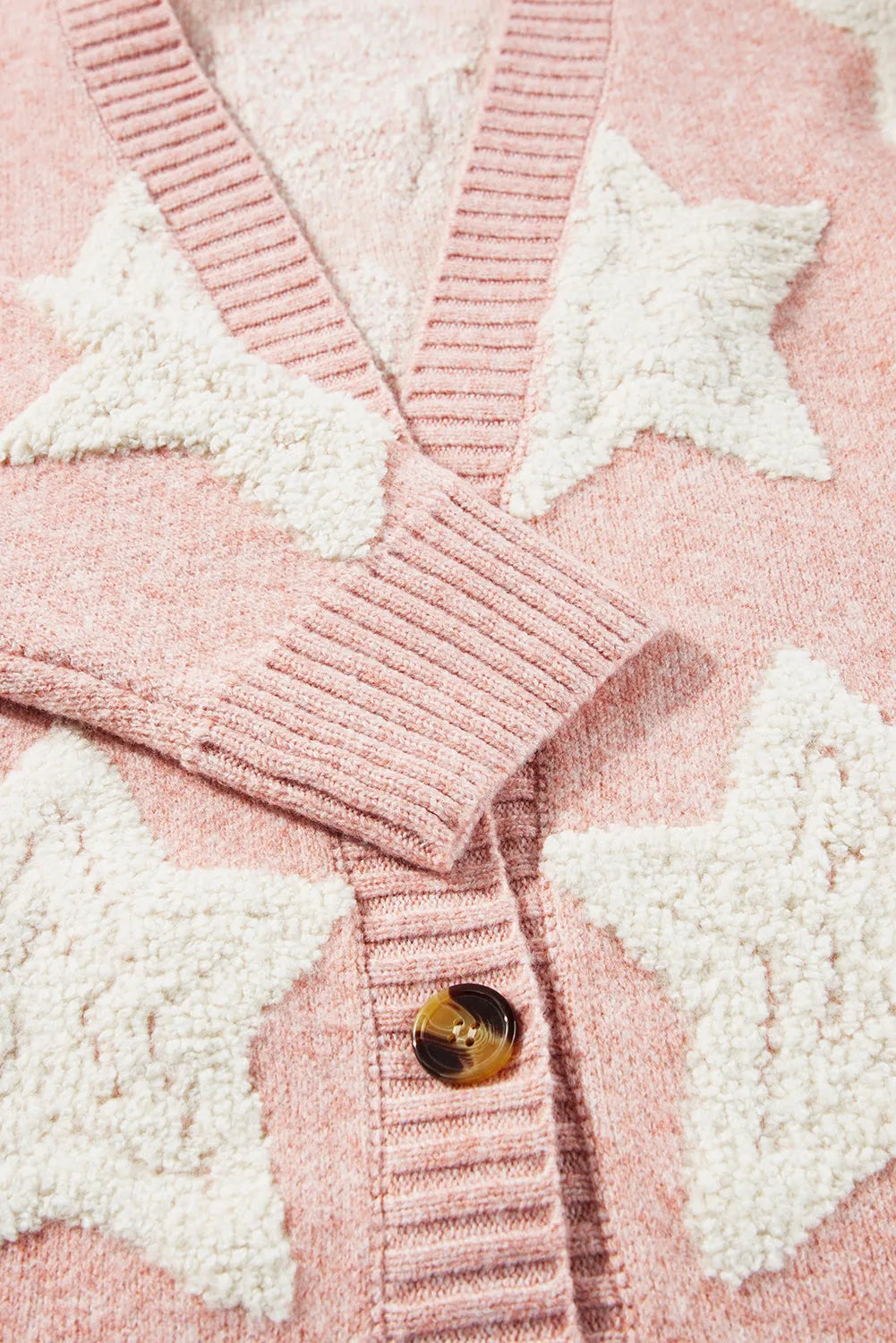 Pink Sherpa Star Pattern Textured Sweater Cardigan with Pockets - Chic Meadow Boutique 