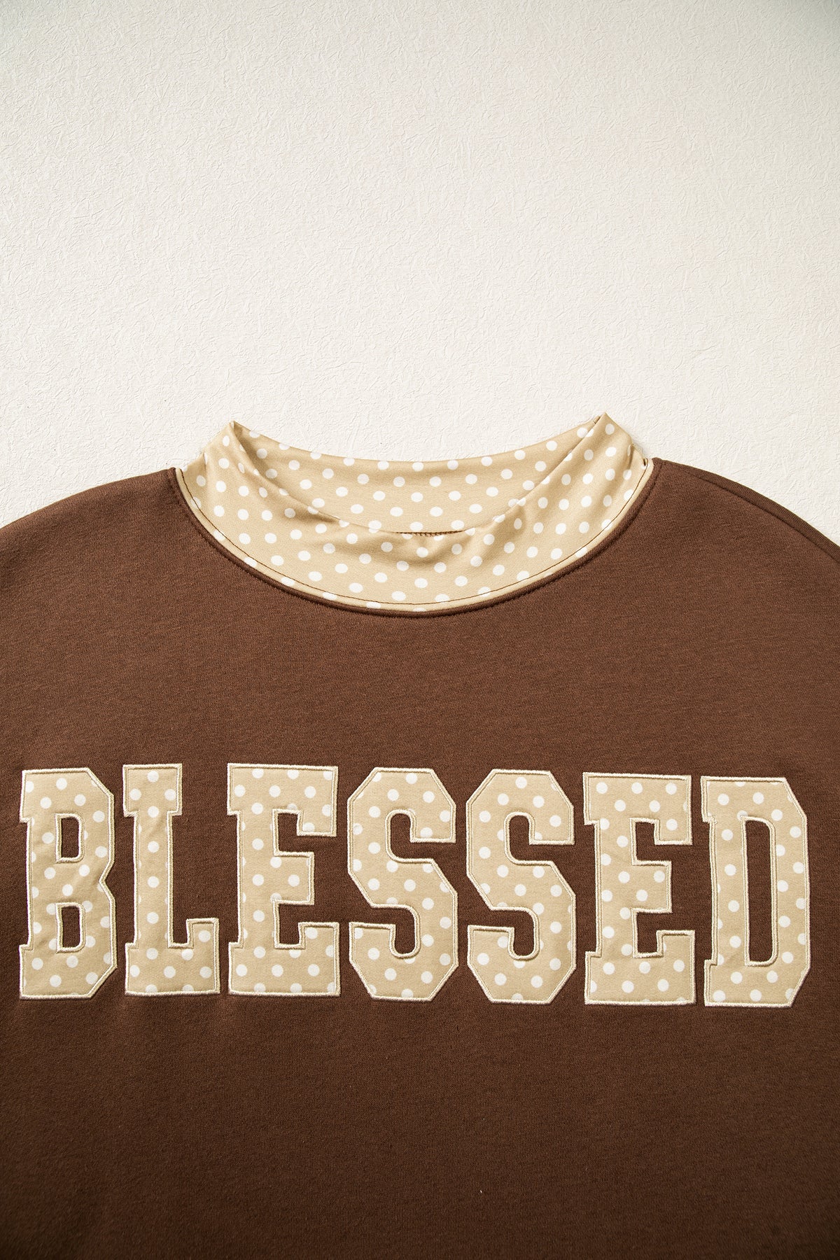 Coffee Polka Dot Trim High Neck BLESSED Letter Graphic Baggy Sweatshirt