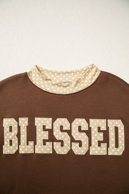 Coffee Polka Dot Trim High Neck BLESSED Letter Graphic Baggy Sweatshirt