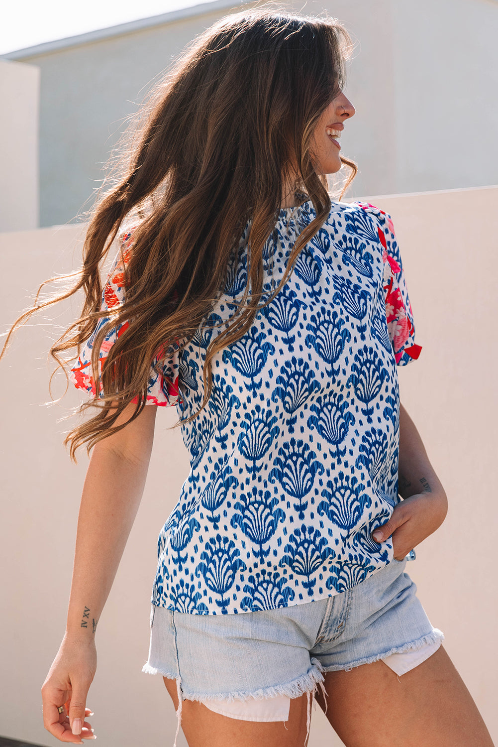 Blue Western Fashion Print Floral Puff Sleeve Frilled Neck Blouse