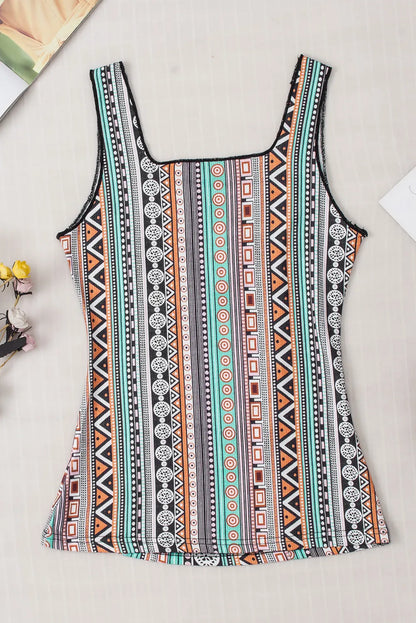 Green Western Geo Printed Square Neck Tank Top - Chic Meadow Boutique 