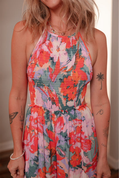 Multicolour Floral Print Smocked Halter Neck Sleeveless Wide Leg Jumpsuit