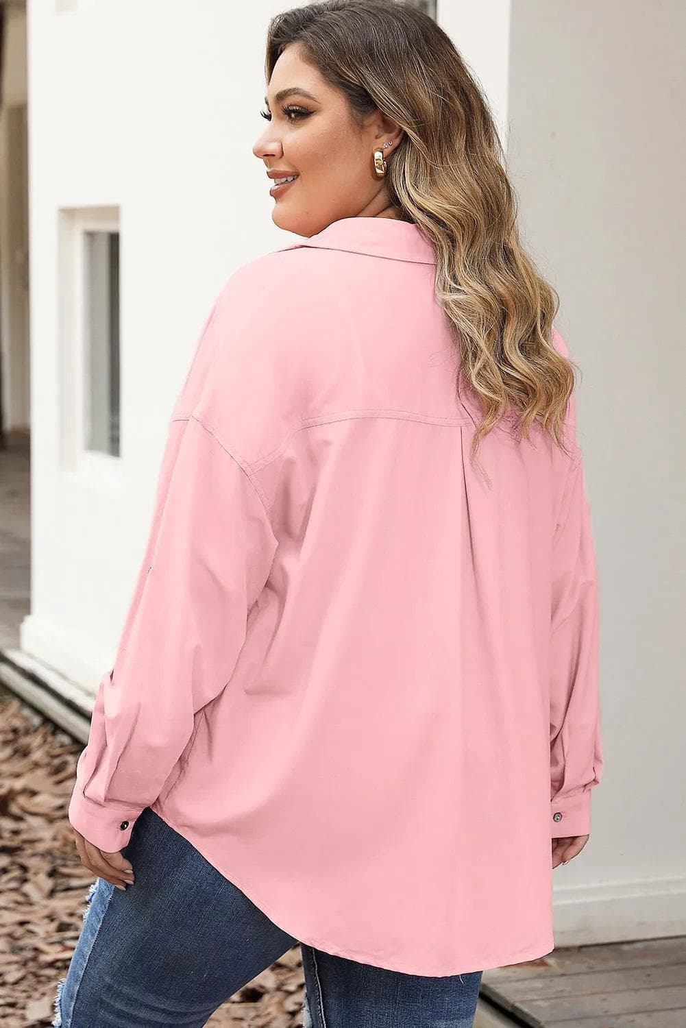 Plus Size/Plus Size Tops/Plus Size Blouses & Shirts Pink Flap Pocket Tab Sleeve Button-Down Plus Size Shirt